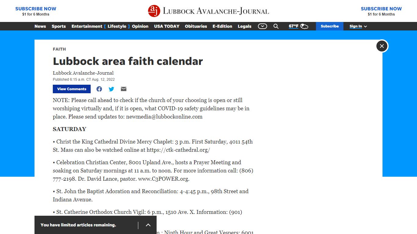 Lubbock area faith calendar